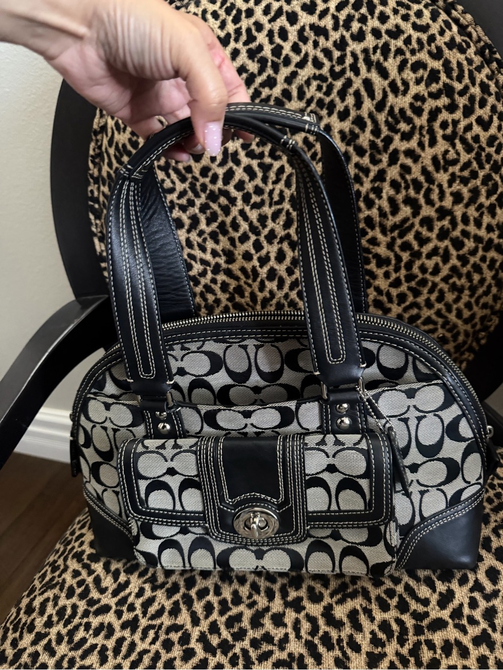 Y2K Coach Black and Cream Signature Canvas Satchel